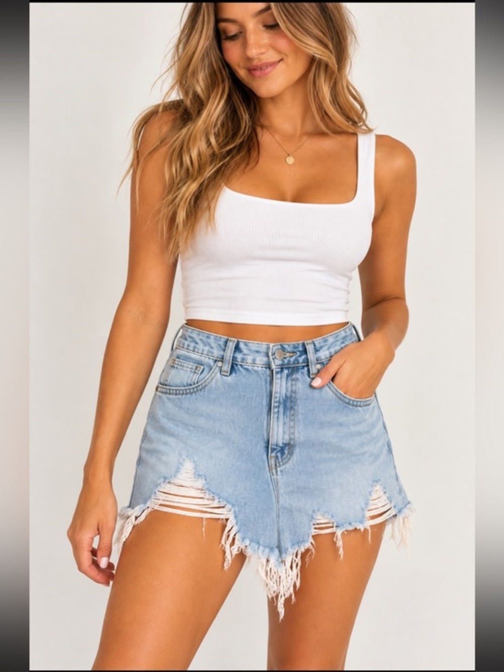 Idem Ditto Light Wash Distressed Denim Mini Skirt Size Small